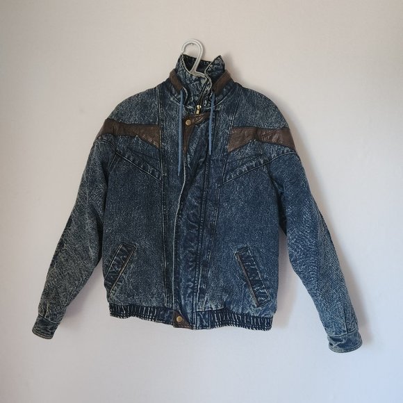 Vintage Eagle's Ridge Acid Denim Faux Leather Trim Bomber Jacket Quilt-Lining - Picture 4 of 12